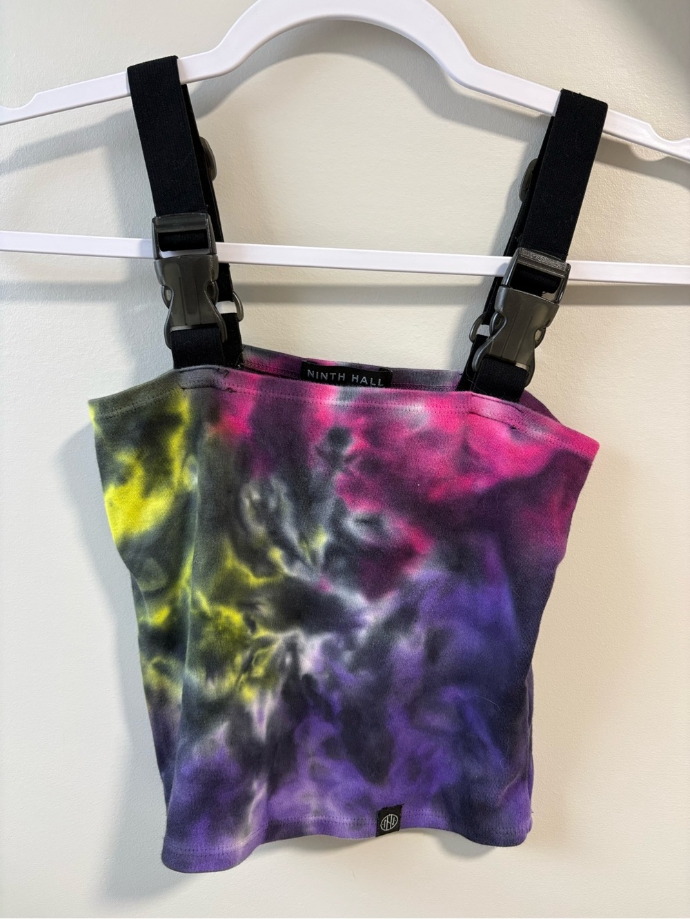 Ninth Hall Tie-Dye Buckle Strap Crop Top in Pink/Yellow/Purple